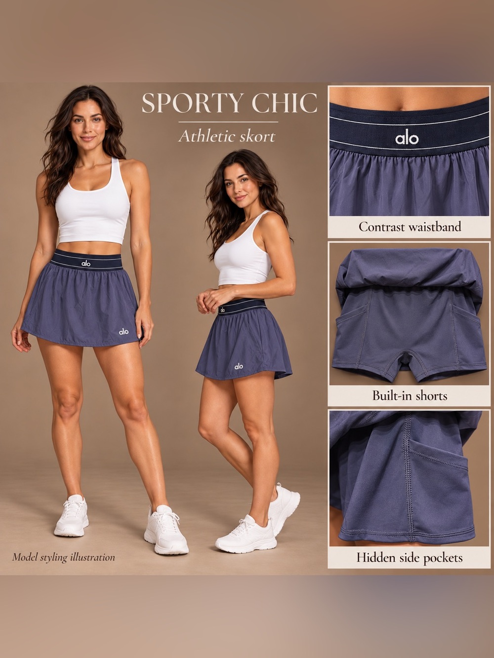 ALO Yoga Athletic Skort in Slate Blue with Black Contrast Waistband NWOT